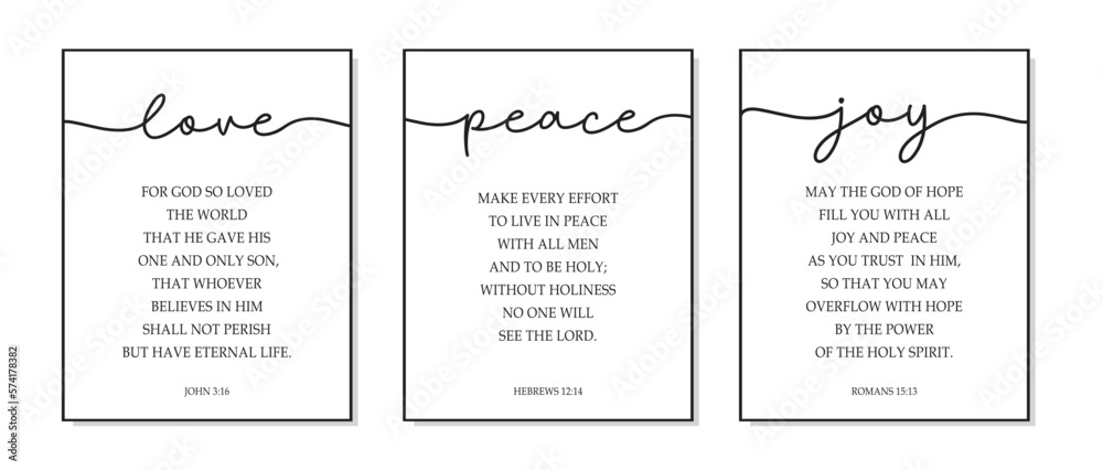 Love, Peace, Joy. Bible, religious vector quote. Lettering typography christmas poster christian words: love, peace, joy. Modern design frame. Vector word illustration. Wall art bedroom, wall decor. - obrazy, fototapety, plakaty 