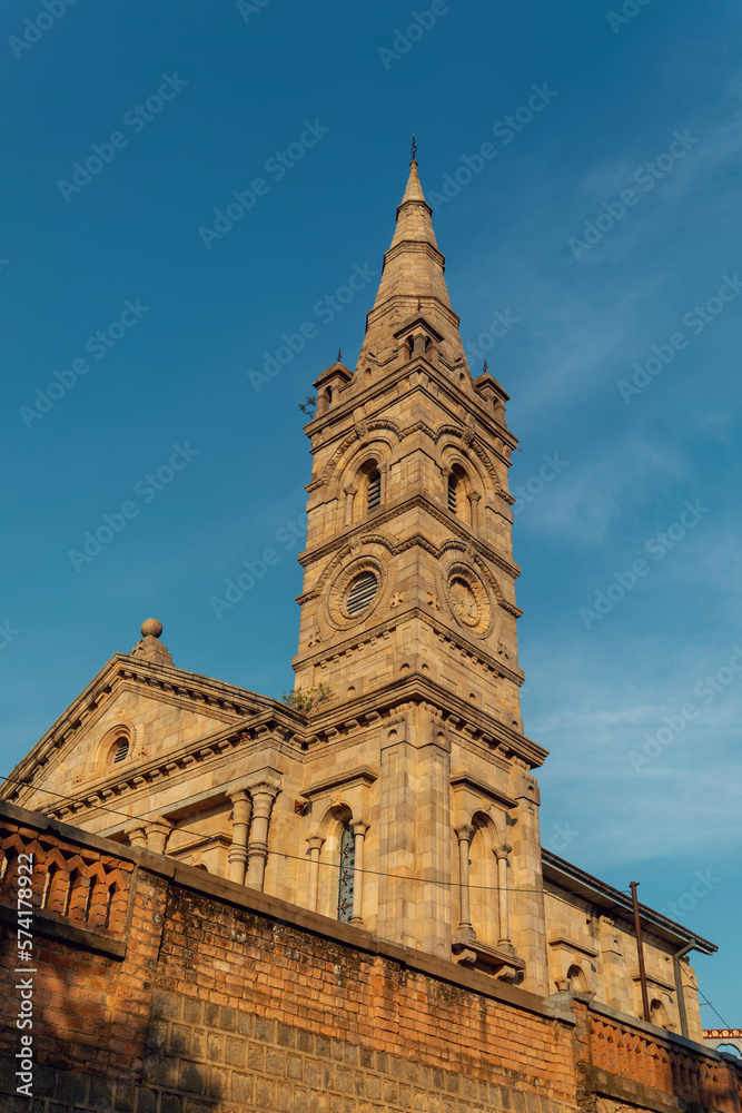 Tower of Besakana chappel, church in historical center of Royal palace complex Rova of Antananarivo, Madagascar