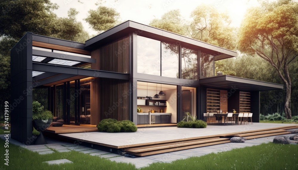Modern house with patio area and solar panels. Generative ai Modern house with patio area and solar panels. Generative ai