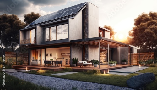 Modern house with patio area and solar panels. Generative ai