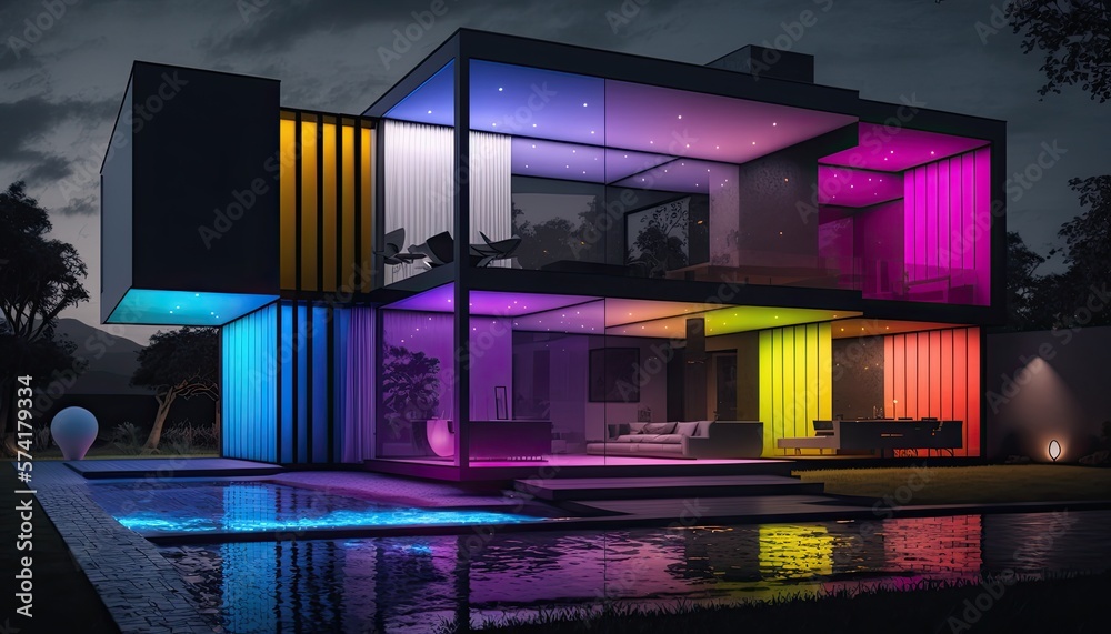 Modern villa with colored led lights at night. Generative ai Modern villa with colored led lights at night. Generative ai