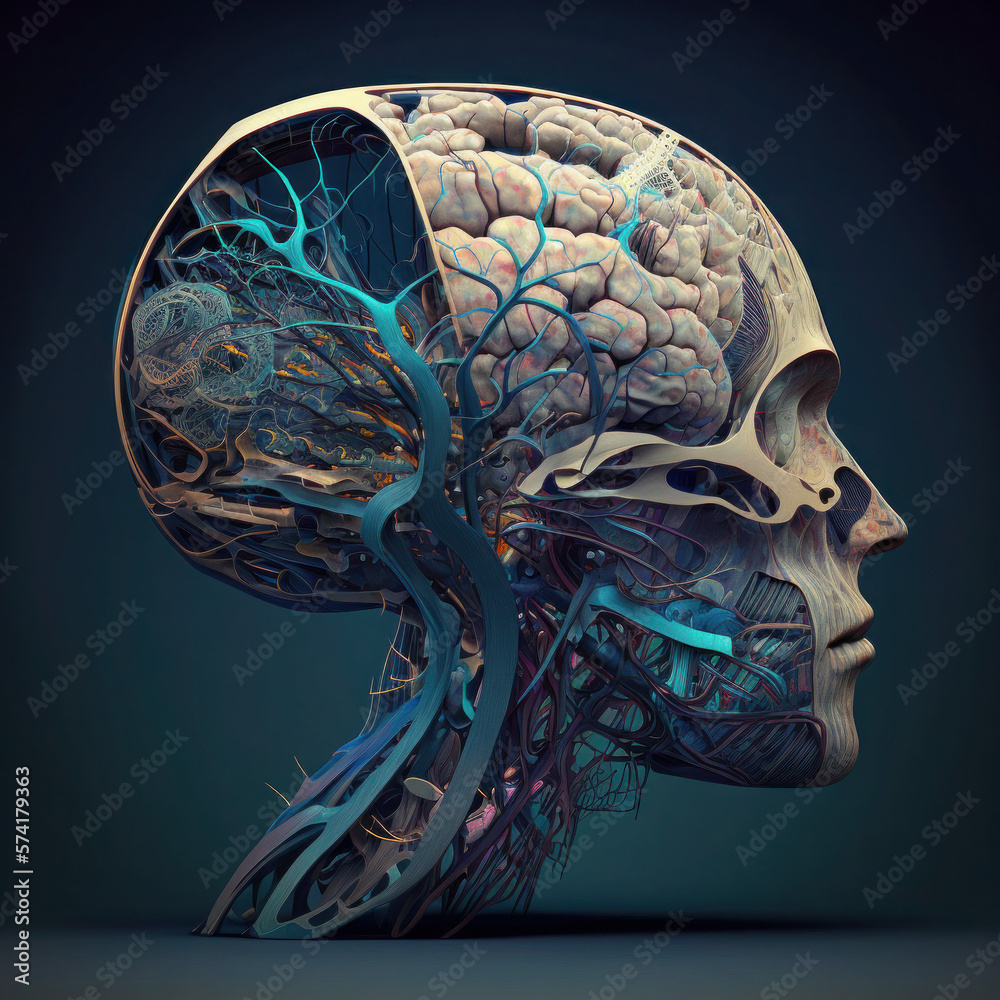 Image of the brain and blood vessels in a skull ai generate Stock ...