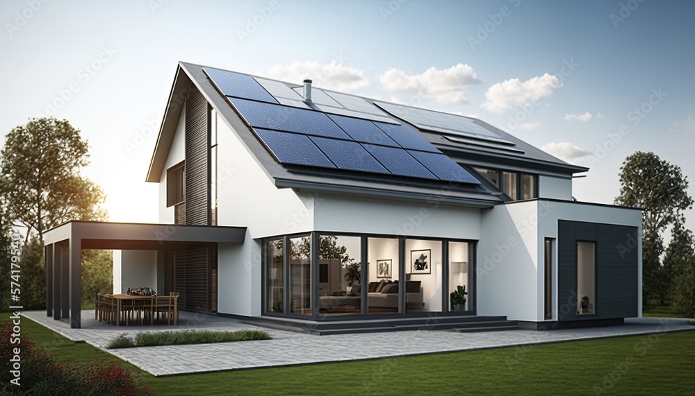 Solar panels on the roof of a beautiful modern home. Generative ai - obrazy, fototapety, plakaty 
