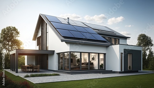 Solar panels on the roof of a beautiful modern home. Generative ai © Creative Station