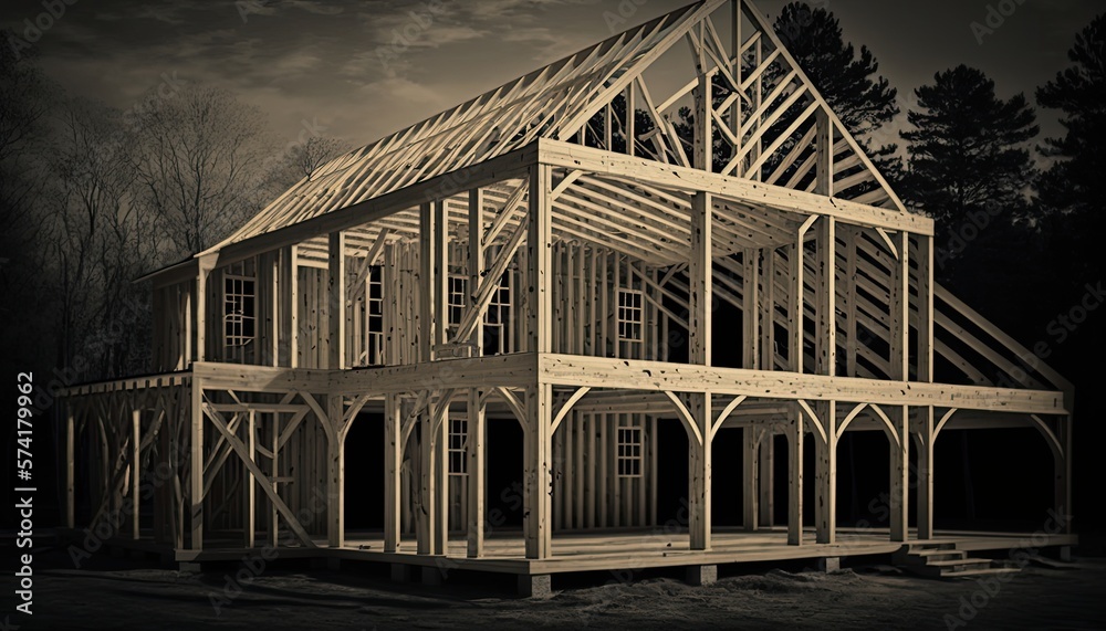 Unfinished US wooden house structure Under construction. Generative ai