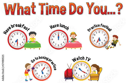 Daily routine with time and cartoon characters