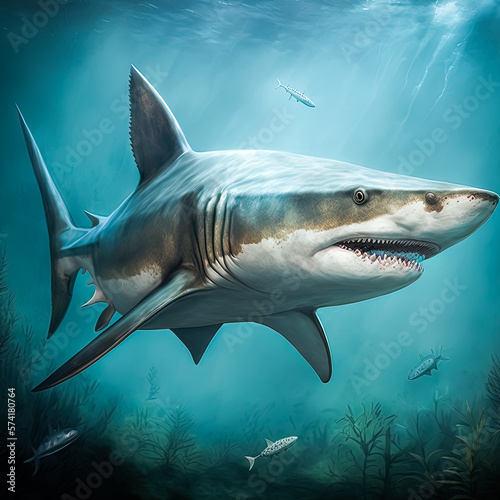 Generative AI Illustration of a Beware the Jaws: A 3D Illustration of a Shark Attack © ARTMAXX
