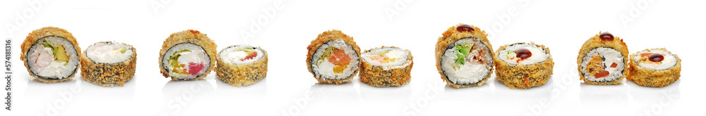 Japanese food. Tempura roll collection, on a white background. Delicious seafood dish with fresh produce and rice on a white background, symbolising healthy eating and wellbeing. Japanese food. Tempura roll collection, on a white background. Delicious seafood dish with fresh produce and rice on a white background, symbolising healthy eating and wellbeing.
