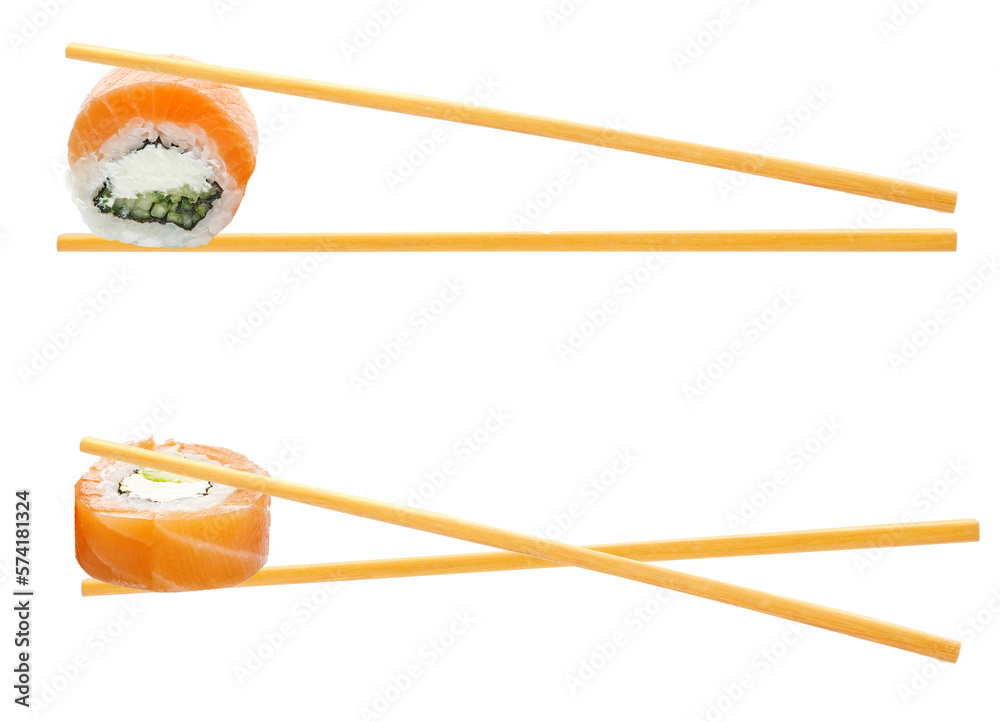 Japanese cuisine, Sushi roll with salmon on white background Japanese cuisine, Sushi roll with salmon on white background