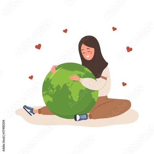 Love the planet concept. Smiling arabian woman embrace Earth globe with care and love. International Mother Earth day. Caring for Nature and environment. Vector illustration in flat cartoon style.