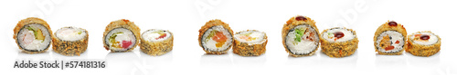 Japanese food. Tempura roll collection, on a white background. Delicious seafood dish with fresh produce and rice on a white background, symbolising healthy eating and wellbeing.