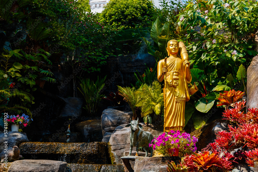 Golden statue of buddhist on Golden Mount or Wat Saket in Bangkok in Thailand
