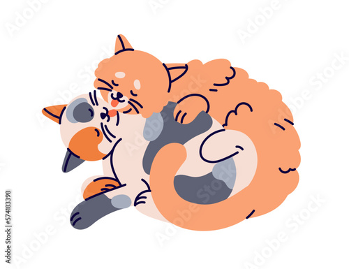 Cute cats couple hugging, grooming, licking each other with love. Two funny kitties curled up together. Adorable feline animals, pussies. Flat graphic vector illustration isolated on white background