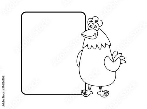 Illustration of a white and black farm hen with a billboard for coloring
