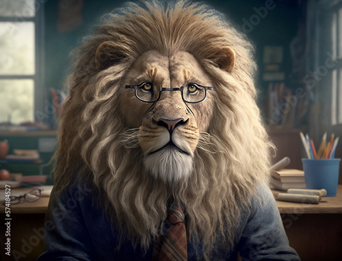 Portrait of Lion dressed as Teacher in School/College, Wild animals in class room. Generative AI