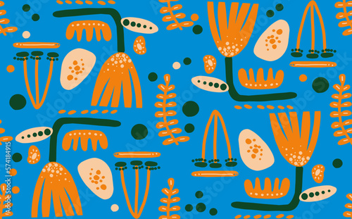 Trendy vector seamless repeating pattern with hand drawn flowers, dots and different shapes on blue background. Background for cover, wallpaper, fabric, clothes, wrapper, case, textile, cards, textile