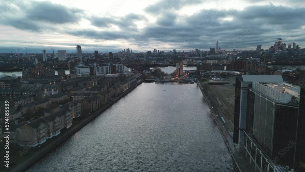 Millwall dock London UK  Drone, Aerial, view from air, birds eye view,