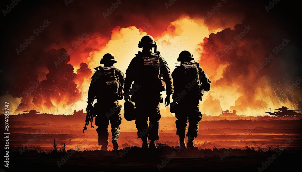 poster with a detachment of military soldiers with weapons on battlefield with explosions. Generative AI