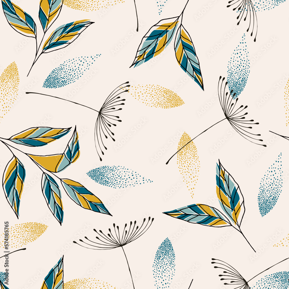 Scandinavian seamless doodle pattern with vintage leaves sketch. For wrapping paper. Ideal for wallpaper, surface textures, textiles.