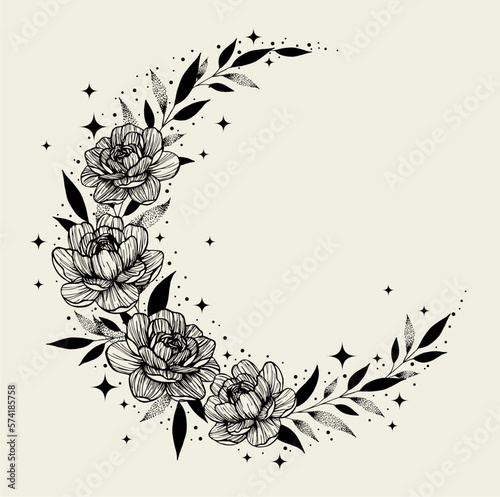 Beautiful magic crescent moon with peony flowers and leaves. Decorative boho elements. Tattoo design. Greeting cards, invitations. Isolated vector illustration.