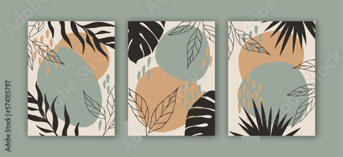 Botanical wall art vector set. Boho foliage line art drawing with  abstract shape.  Abstract Plant Art design for print, cover, wallpaper, Minimal and  natural wall art.