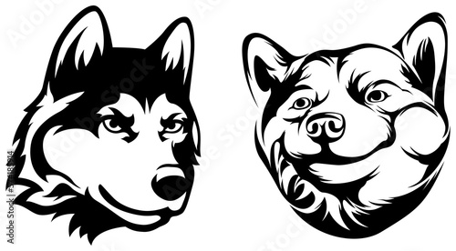 Heads of dog. Shiba inu abstract character illustration. Graphic logo design templates for emblem.
