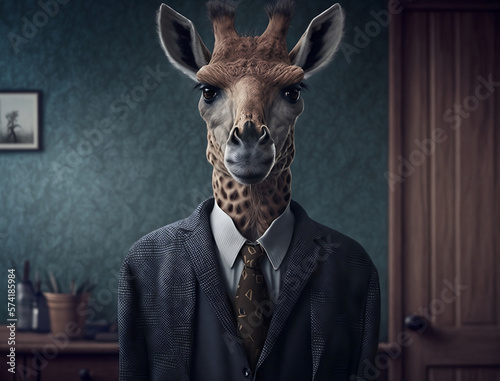 Portrait of an wild Giraffe dressed as Teacher in School/College, Wild animals in class room. Generative AI