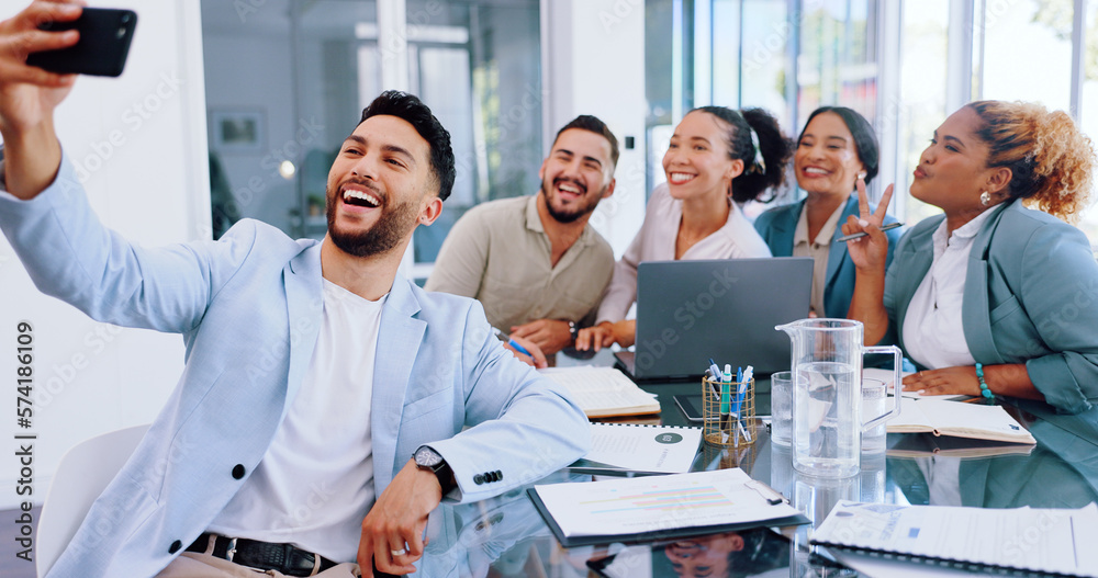 Fototapeta premium Business people, selfie and happy team in an office meeting with diversity, motivation and trust. Men and women group together for social media profile picture with peace emoji for collaboration