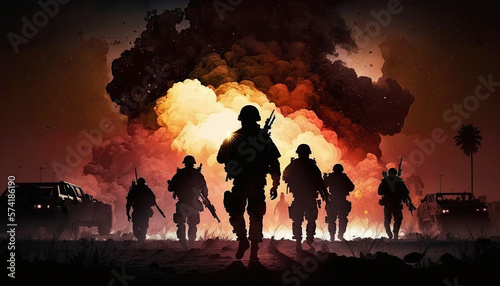 silhouette of squad of armed soldiers on battlefield sunset background. Generative AI