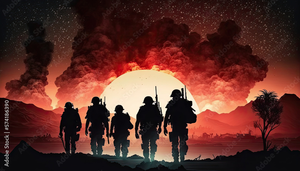 silhouette of group of soldiers with weapons against the background of sunset and explosions. Generative AI