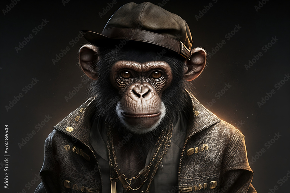 Cool monkey portrait with Gangsta Dress. Generative AI