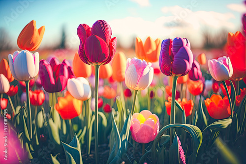 Close up tulips in a colorful field in spring. Sunny day with flowered meadow landscape at sunset golden hour. Yellow, pink, red and orange tulips. Generative AI. #574187795