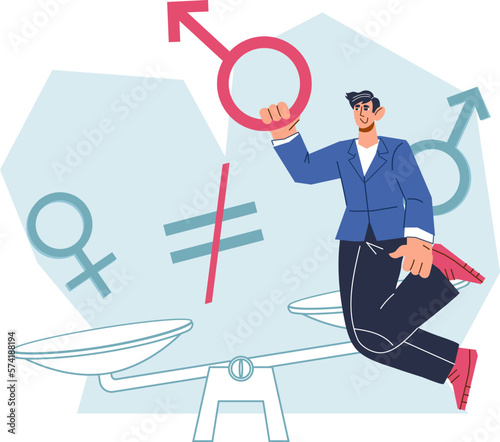 Gender gap in career and disparities or inequality based on gender stereotypes. Pay gap and career advantage for male employees, flat vector illustration isolated on white background.