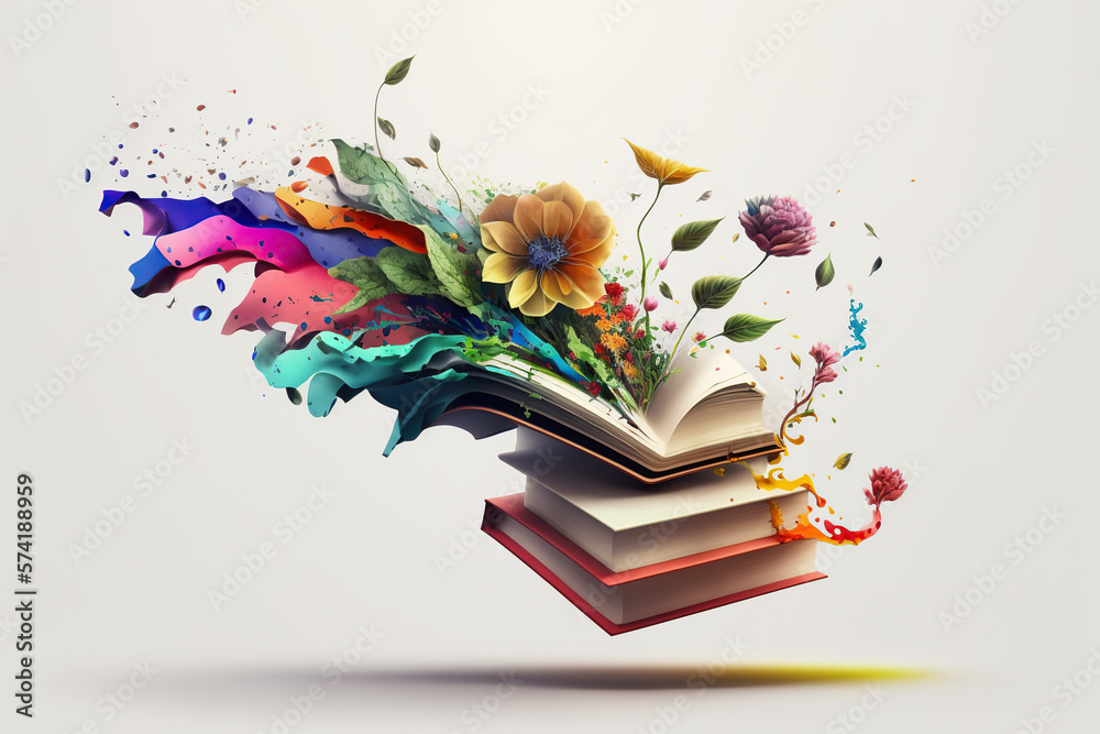 Open book with fantastic levitation glowing colorful flowers splash on white background, beautiful, World book day, knowledge and creativity concept, spring, summer mood. Ai Generative - obrazy, fototapety, plakaty 