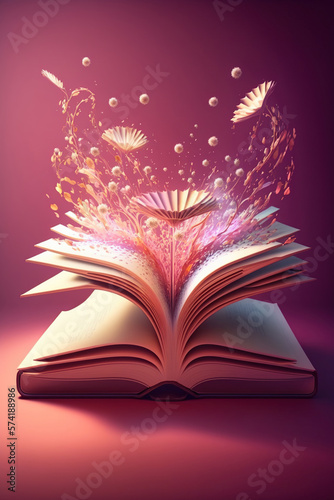 Open book with fantastic levitation glowing colorful flowers splash on pink background, beautiful, World book day, knowledge and creativity concept, spring, summer mood. Ai Generative © Viktoriia