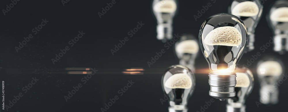 Abstract glass lamp with brain inside on wide black background with mock up place. Inventor concept. 3D Rendering. Abstract glass lamp with brain inside on wide black background with mock up place. Inventor concept. 3D Rendering.