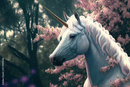 magical white unicorn in fantasy pink blossom forest  generative ai