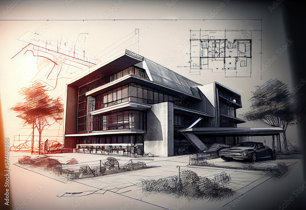 Pencil concept sketch drawing of a modern building made with generative AI