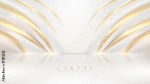 White luxury background with golden curve elements and light effect decoration.
