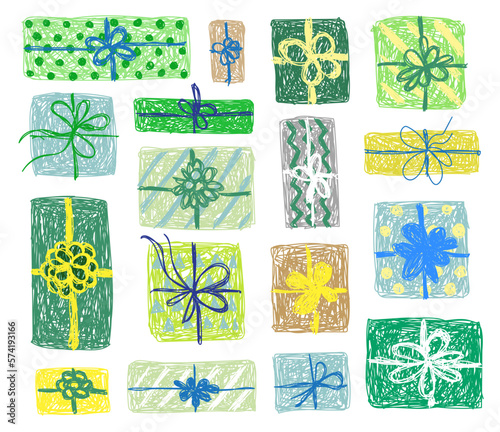 Children's drawing. Set of gifts in green