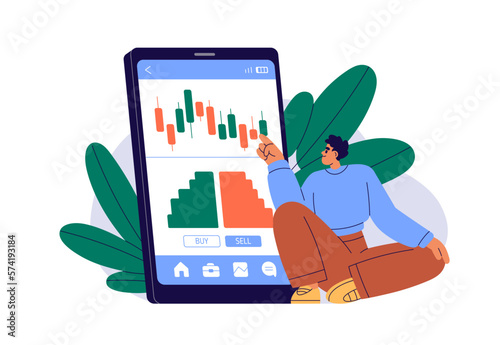 Investing in stock market, trading online with mobile phone app. Person analyzing investment candlesticks, candle bars graph, chart. Flat graphic vector illustration isolated on white background