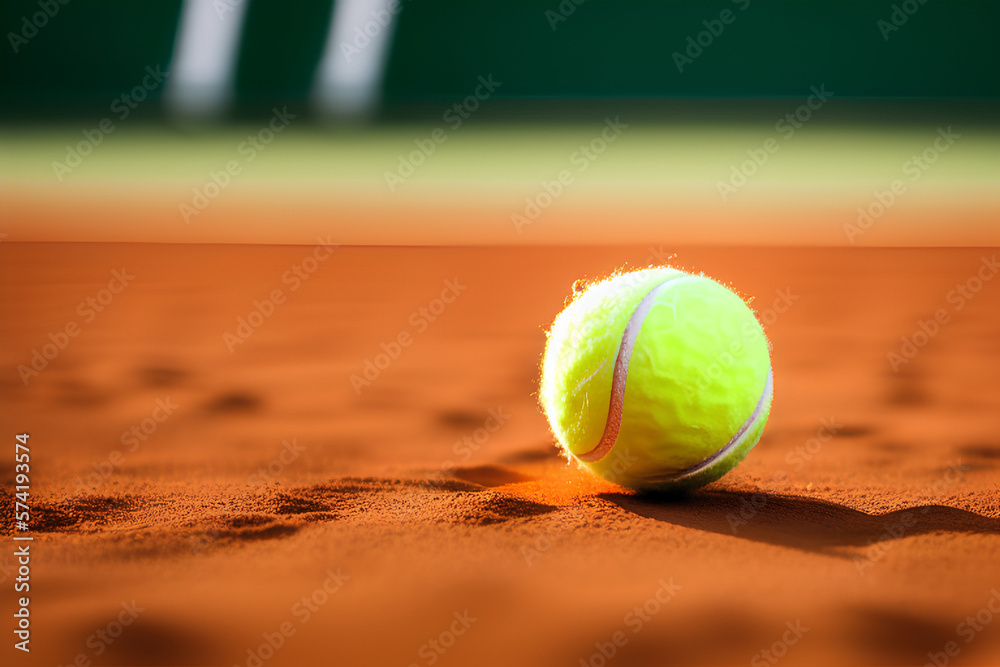 A tennis ball resting on clay.  A sports concept in bokeh background. Generative AI.