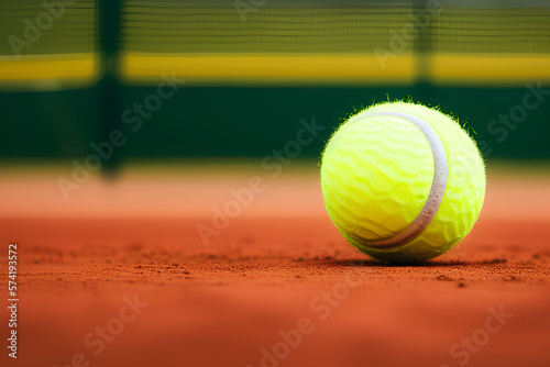 A tennis ball resting on clay. A sports concept in bokeh background. Generative AI. © Nikolaos