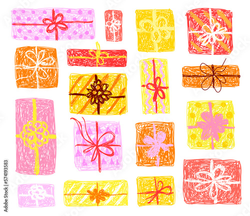 Children's drawing. Set of gifts in red, orange, pink