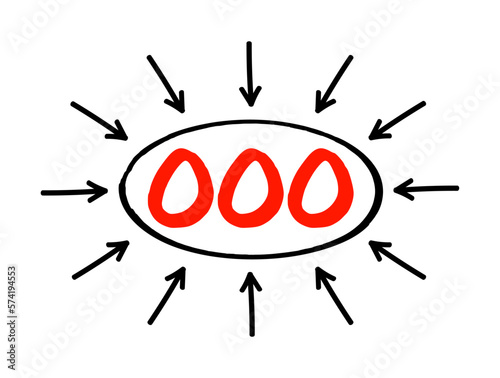 OOO Out Of Office - used in professional contexts to indicate that someone is unavailable for work, acronym text concept with arrows