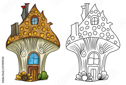 Fantasy Mushroom House Watercolor Vector Illustration With Line Art
