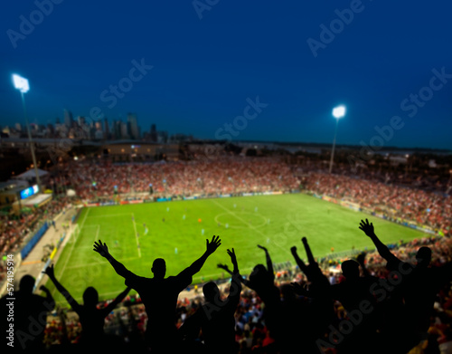 Fans watch a soccer game from the stadium seats