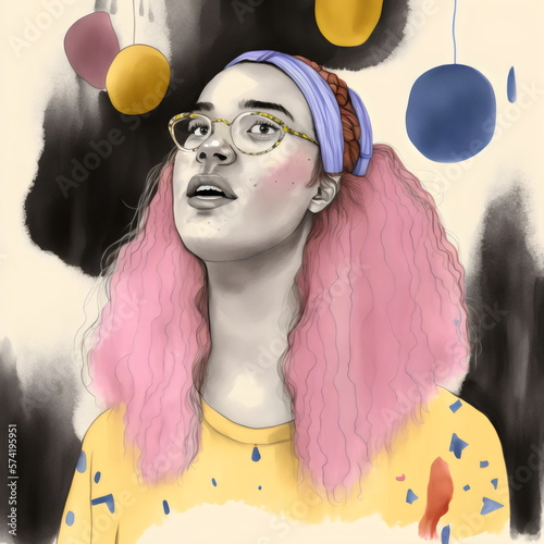 watercolor portrait of a pink haired girl with glasses made with generative ai