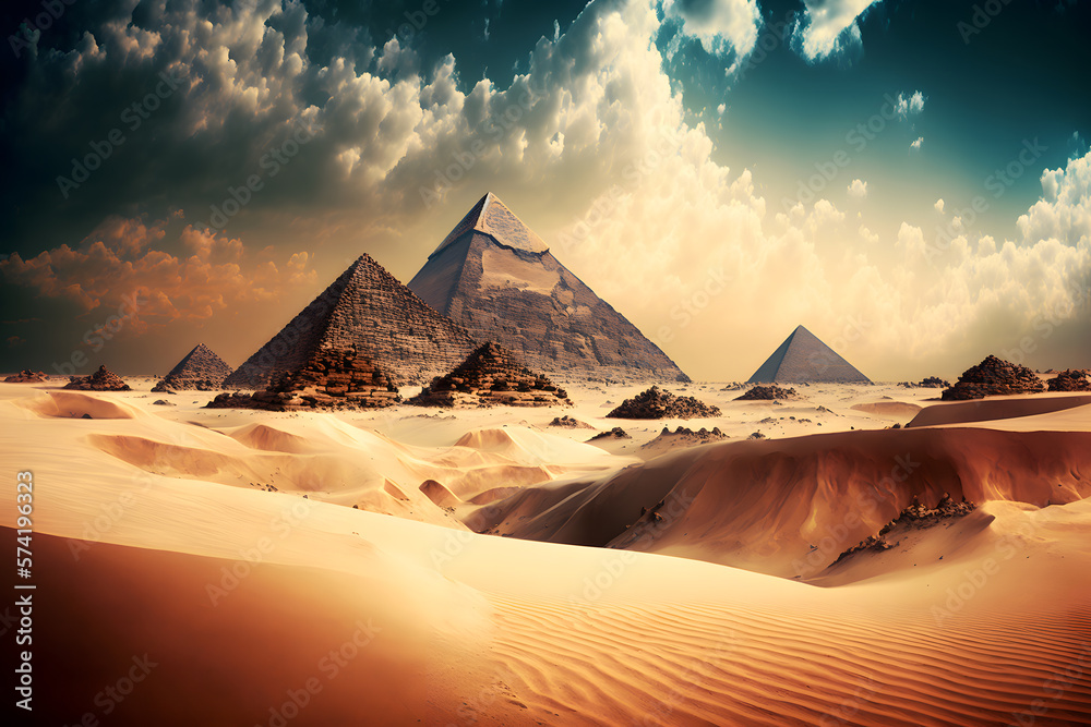 Great pyramids from Giza, Egypt in sunny daytime. Neural network AI generated art - obrazy, fototapety, plakaty 