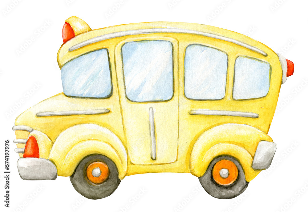School bus, yellow. Watercolor clipart in a cartoon style, but isolated background.